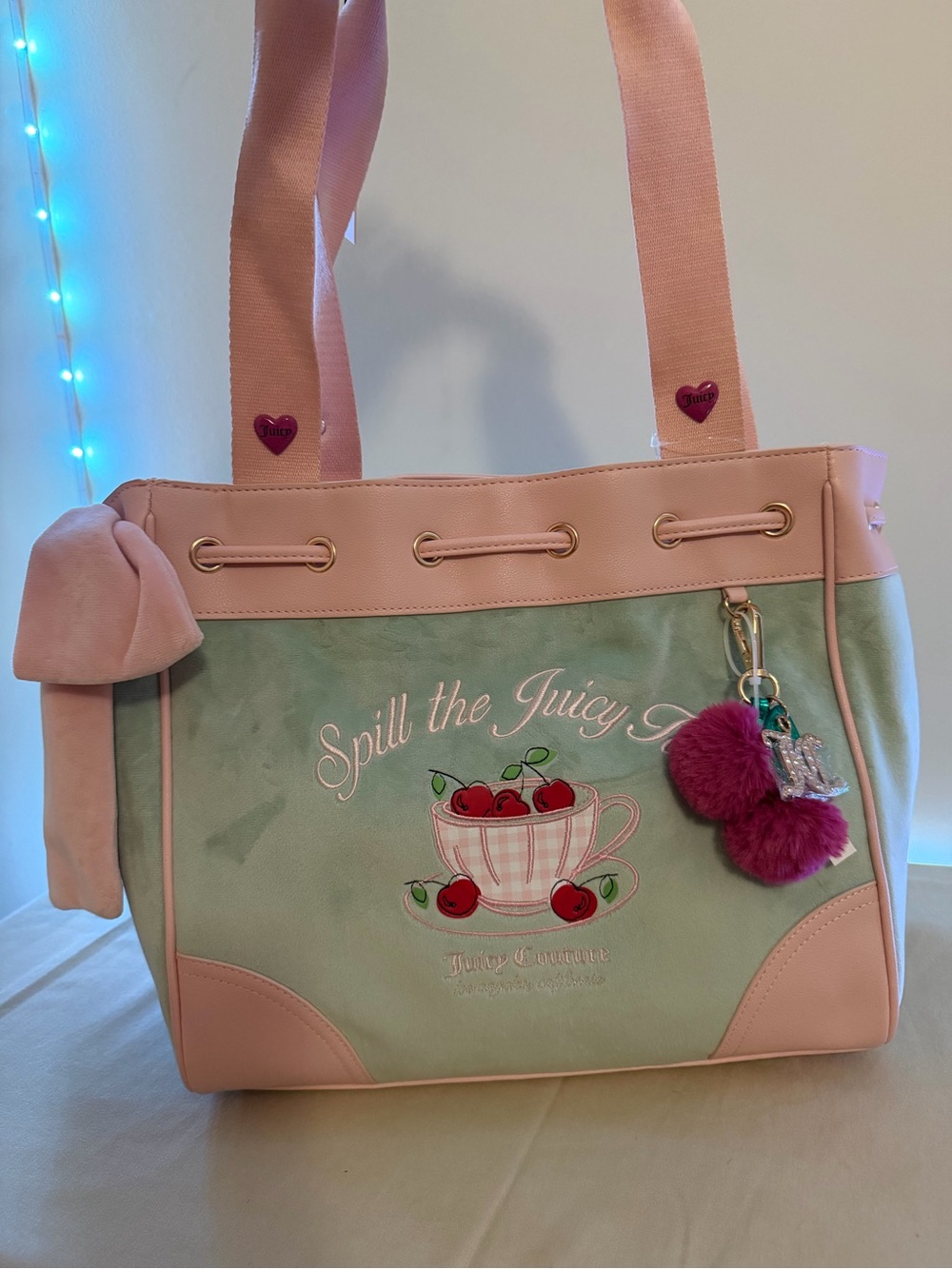 Juicy Couture Pink & Mint Cherry Embroidered Tote